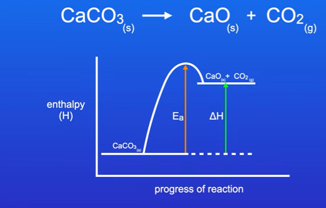 <p>Enthalpy of products is greater than enthalpy of reactants , this means delta H is positive, and the arrowhead points upwards</p><p>This tells us the chemical system has taken in heat energy from the surroundings, this is endothermic.</p><p>The temp of surroundings will decrease.</p><p>Activation energy arrow points upwards always. Runs from enthalpy of reactants to peak of curve</p>