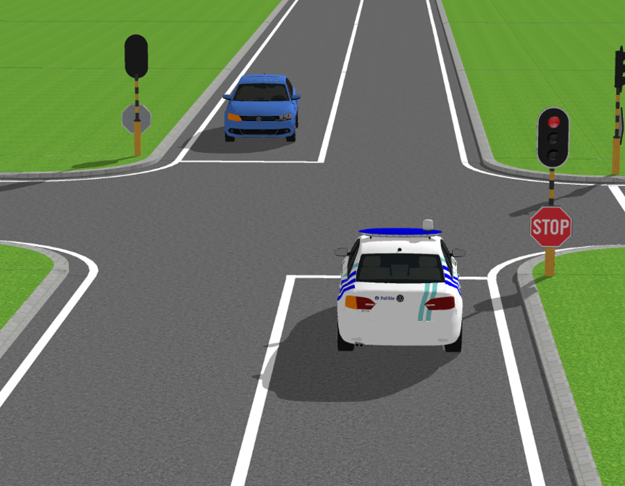 <p>Mag het prioritaire voertuig met zwaailicht en sirene verder rijden?</p>