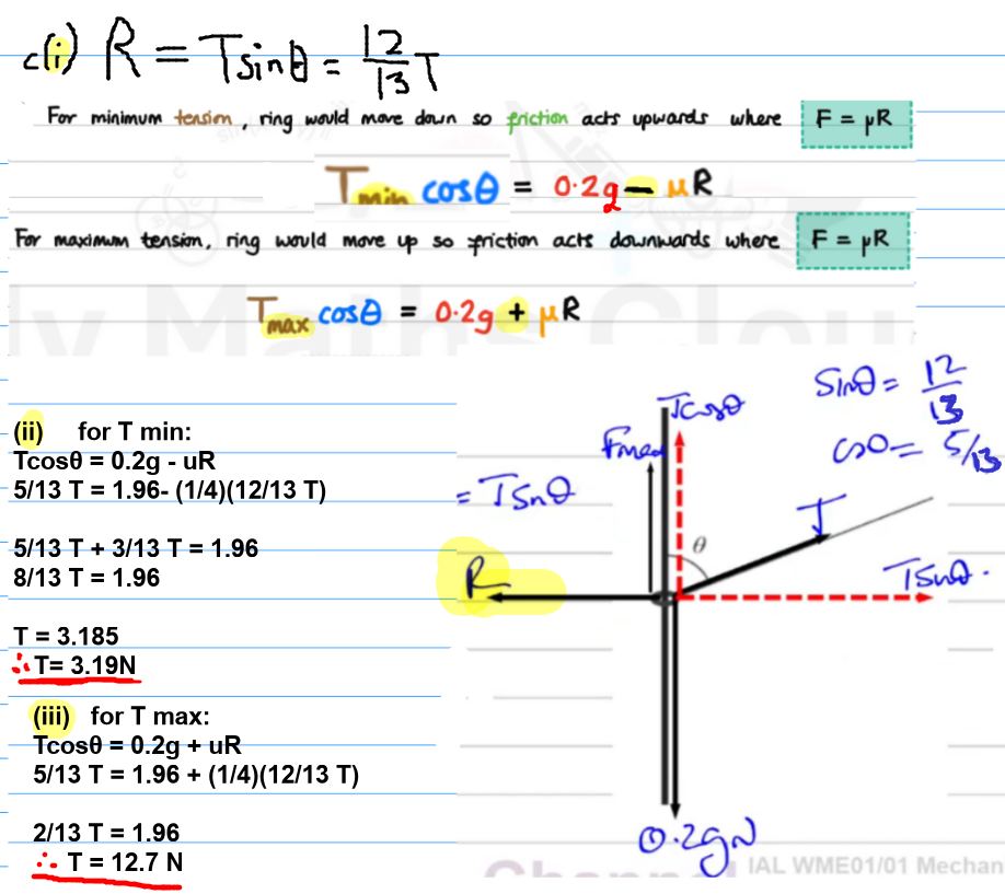 <p><span>for a threaded ring/bead onto a fixed rough vertical rod: the reaction,<mark data-color="yellow" style="background-color: yellow; color: inherit;"> </mark><strong><u><mark data-color="yellow" style="background-color: yellow; color: inherit;">R is to left or right</mark></u></strong><u><mark data-color="yellow" style="background-color: yellow; color: inherit;"> </mark></u></span><strong><u><mark data-color="yellow" style="background-color: yellow; color: inherit;">not up</mark></u></strong><br><span>(depending on tension direction), </span><br><br>(<span>The reaction </span><span style="font-family: KaTeX_Main, "Times New Roman", serif; line-height: 1.2; font-size: 1.21em;"><em>R</em></span><span> is </span><strong>perpendicular to the rod</strong><span> )</span></p>