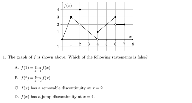 <p>A. f(1) = lim<sub>x→1 </sub>f(x)</p><p>B. f(2) = lim<sub>x→2 </sub>f(x)</p><p>C. f(x) has a removable discontinuity at x = 2.</p><p>D. f(x) has a jump discontinuity at x = 4.</p>