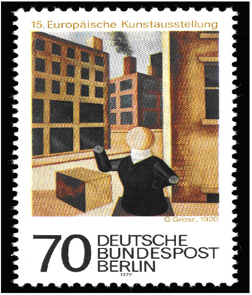 <p><span>This 1920 George Grosz painting was commemorated on a German postage stamp. Which of the following would be the </span><em>most likely </em><span>way an historian would use this image? (SSF)</span></p>
