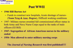 <p>- 1946 Hill Burton Act → funded hospital construction, created acute nurse shortage → led to Team Nursing and Associate Degree programs</p><p>- 1947 → Military nurses granted full commissioned officer status (GI Bill)</p><p>- 1947 → Segregation of African American nurses in the military ended</p><p>- 1954 → Men allowed into military nursing corps</p><p>Journal of Nursing Research first published</p>