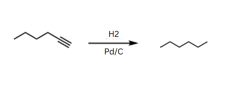 <p>Product: After adding Hydrogen twice, you go from an Alkyne to an Alkene, to finally an alkane. </p>