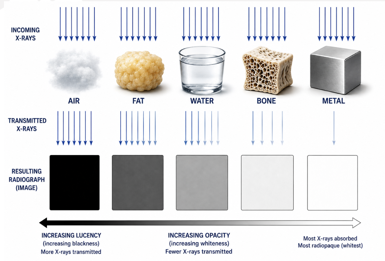 <p>Air, fat, water, bone, metal </p><p>can only see margins if beside different opacity </p>