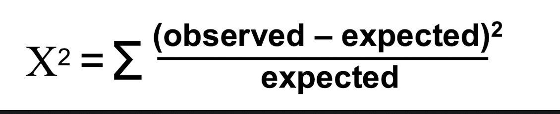 <p>compares observed values (experimental results) with expected values (calculated based on given info)</p><p>allows us to evaluate null hypothesis: difference between observed &amp; expected is due to chance</p><p>determines p-value → probability difference is due to chance</p><ul><li><p>p < 0.05 → reject null hypothesis ; difference is due to something other than chance</p></li></ul><p></p>