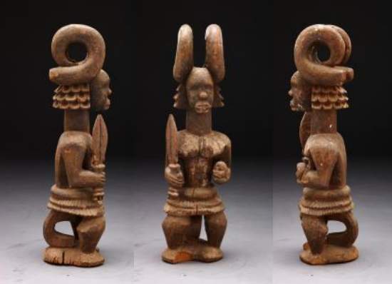 <ul><li><p>Ikenga are personal shrines, kept in a bedroom, or altars for men</p></li><li><p>means place of strength</p></li><li><p>Every man may have on</p></li><li><p>The object embodies his chi (personal spirit), his ndichie (ancestors), and ike (power)</p></li><li><p>dedicated to the strength of the right arm</p></li><li><p>spirit double, soul: abstraction for soul/chi part</p></li><li><p>yearly ikenga festivals, honoring it to bring success, it is a personal object, not village-owned</p></li><li><p>physical representation, not a portrait</p><ul><li><p>it is a symbolic representation of soul, spirit, achievements, personalities</p></li></ul></li><li><p>if your ikenga is not working for you, you can get a new one:</p><ul><li><p>if you rank up, gain a new position, you can get a new ikenga that is more powerful and has new symbolism to represent your new self</p></li></ul></li></ul><ul><li><p>wood</p></li></ul><p></p>