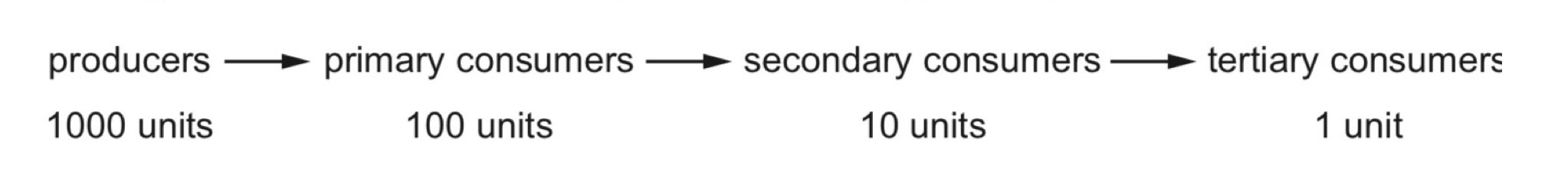 <p><span style="background-color: transparent;">The diagram shows the flow of energy, in units of energy, through a food chain. </span><br><span style="background-color: transparent;">Which percentage of energy is lost between the producers and secondary consumers? </span></p>