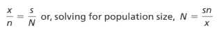 <ul><li><p><span style="background-color: transparent;">Mark-recapture method: Used to estimate the size of wildlife populations.</span></p><ul><li><p><span style="background-color: transparent;">Scientists begin by capturing a random sample of individuals in a population. Then they tag (mark) each individual and then release them. (Sometimes they don’t need to be captured, scientists may photograph them instead.) After a few days or weeks, scientists capture or sample a second set of individuals.&nbsp;</span></p></li><li><p><span style="background-color: transparent;">Equation:</span></p><ul><li><p><span style="background-color: transparent;"><em>X = Marked individuals in second sample | n = total number of animals captured in second sample | s = number of individuals marked and released in the first sample| N = population size</em></span></p></li></ul></li></ul></li><li><p><span style="background-color: transparent;"><em>Other methods used include counting, sampling, and indicators of population size such as nests and burrows.</em></span></p></li></ul><p></p>