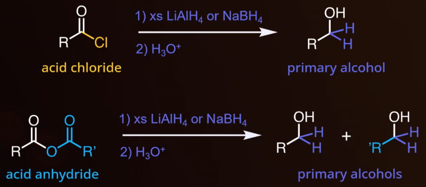 <ul><li><p><span style="background-color: transparent;">Reagents: LiAlH<sub>4</sub> + H<sub>3</sub>O<sup>+</sup> or NaBH<sub>4</sub> + H<sub>3</sub>O<sup>+</sup></span></p></li><li><p><span style="background-color: transparent;">Makes a primary alcohol (anhydride makes 2)</span></p></li></ul><p></p>
