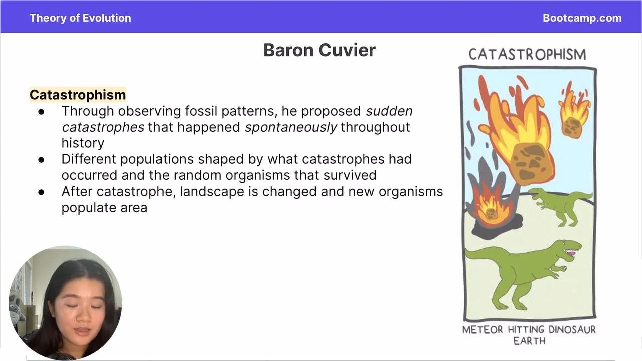<p>Proposed by baron cuvier, it proposed that sudden catastrophies shape the landscape and organism distribution to allow new organisms to populate the area </p>
