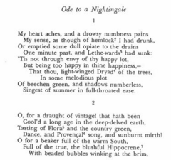 <p>Meditation on human mortality vs. the immortal beauty of the nightingale's song.</p>