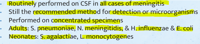 <p><strong><u>CSF Microbiological Exam</u></strong></p><ul><li><p></p></li></ul><p></p>