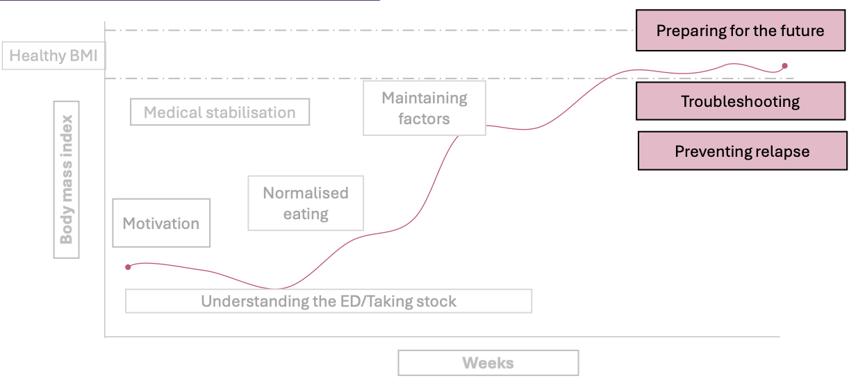 <ul><li><p>Preparing for the future: Create personalised plan for the future</p><ul><li><p>Further work on body checking, food avoidance, and practice problem solving </p></li><li><p>Continue develop new interests and activities </p></li></ul></li></ul><ul><li><p>Troubleshooting</p></li><li><p>Preventing relapse: Patient needs to have realistic expectations for the future </p></li></ul><p></p>