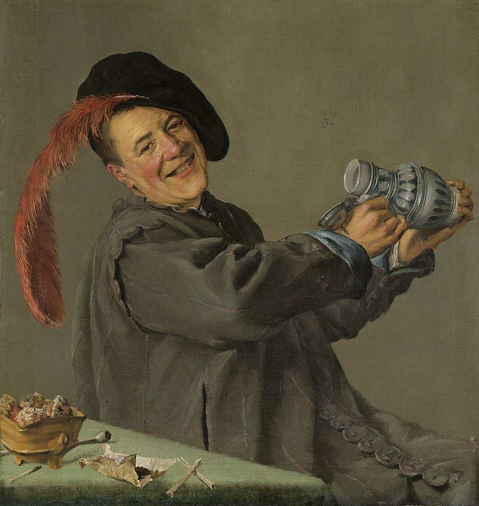 <ul><li><p>Depicts a man laughing over his glass of wine </p></li></ul><p></p>