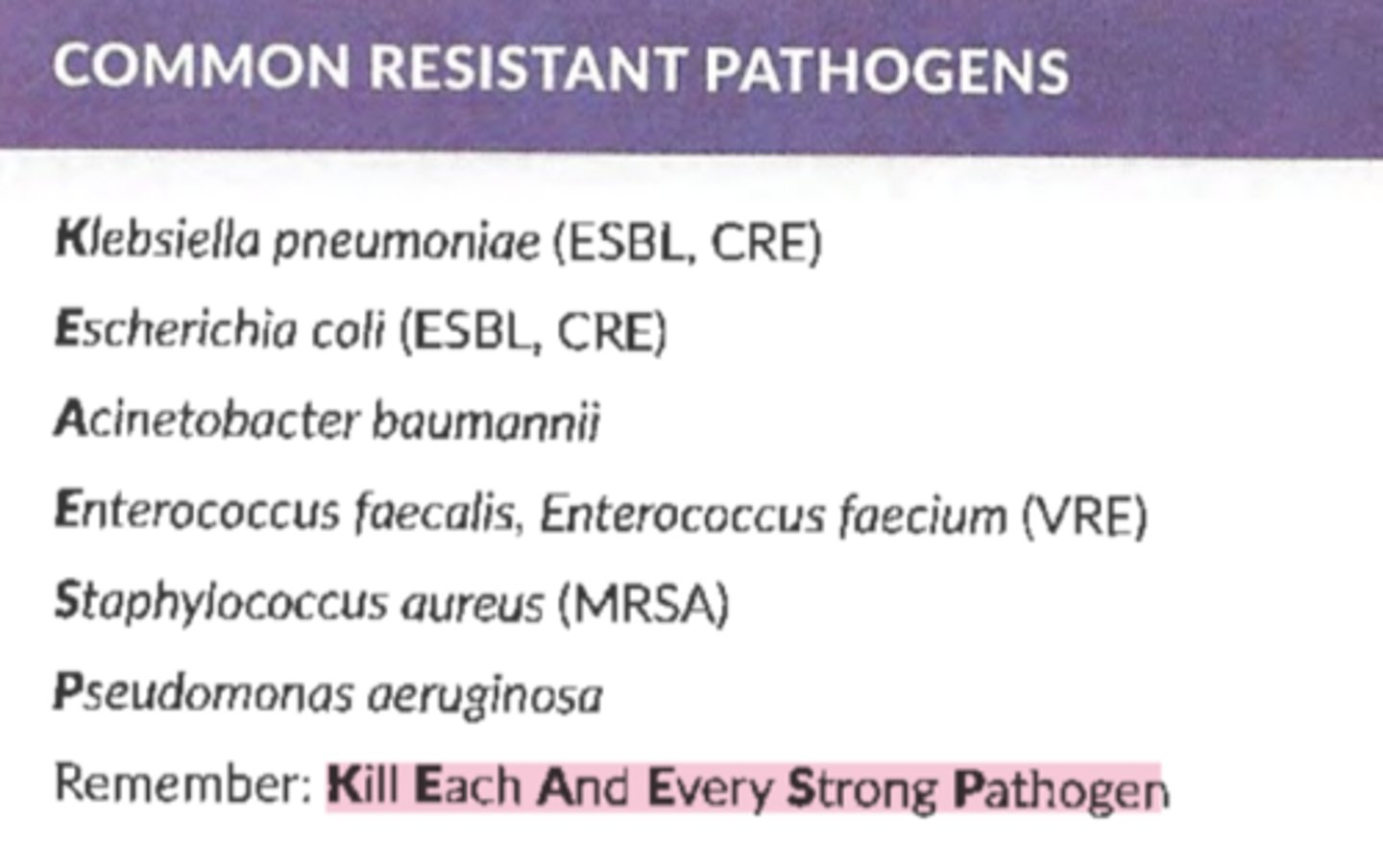<p>Kill Each Strong Pathogen</p><p>Klebsiella pneumoniae (ESBL, CRE)</p><p>E. coli (ESBL, CRE)</p><p>Staphylococcus aureus (MRSA)</p><p>Pseudomonas aeruginosa</p>