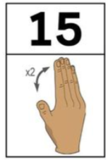 <p>palm facing me hold up all five fingers flick fingers twice</p>