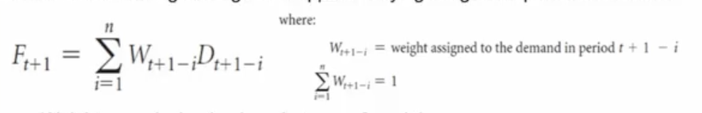 <ul><li><p>a form of the moving avg that applies varying weights to past observations</p></li><li><p>weights are decimal values btw 0 and 1</p></li><li><p>weights are listed, the <u>sum of the weights must equal 1</u> (check this!!)</p><ul><li><p><strong>first weight listed is applied to the most recent historical demand</strong></p></li><li><p><strong>last weight listed is applied to the n-th most recent historical demand</strong></p></li></ul></li><li><p><u>highest weights usually placed on more recent past demand</u></p></li><li><p>cyclical patterns can be modeled by adjusting weight values</p></li><li><p>responsiveness determined by weight values</p></li></ul><p></p>