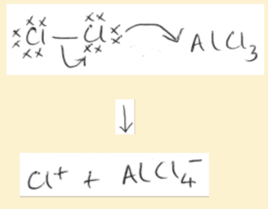 <p>Covalent because Al3+ ions are small and highly charged and they pull back electrons from cl- ions. In AlCl3 Al still needs 2 more electrons for noble gas configuration so AlCl3 is excellent electron pair acceptor.</p><p>AlCl3 takes an electron pair from the cl2 molecules and the cl-cl bond breaks by heterolytic fission giving Cl+ ion which is a powerful electrophile which attacks the benzene ring</p>