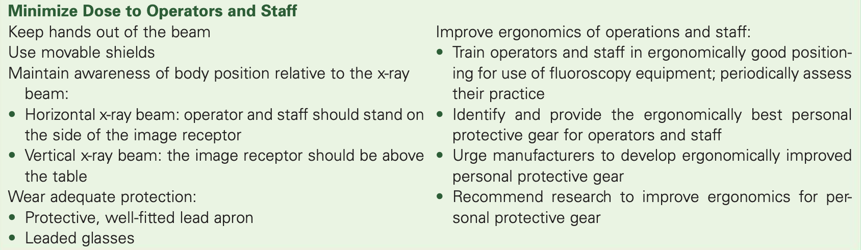 <ul><li><p>keep hands out of primary beam</p></li><li><p>wear proper protective equipment (aprons, gloves, goggles)</p></li><li><p>follow best practices with tube/IR placement</p><ul><li><p>horizontal = stand on IR side</p></li><li><p>vertical = tube under table</p></li></ul></li></ul><p></p>
