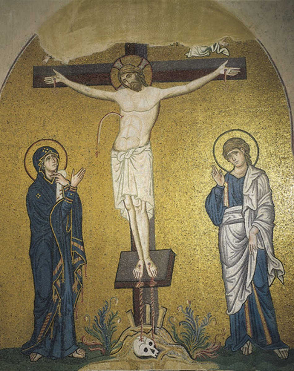 <p>styles of painting, design, and architecture developed from the fifth century C.E. in the Byzantine Empire of ancient Eastern Europe</p><p>- characterized in architecture by round arches, large domes, and extensive use of mosaic; characterized in painting by formal design, frontal and stylized figures, and rich use of color, especially gold, in generally religious subject matter</p>