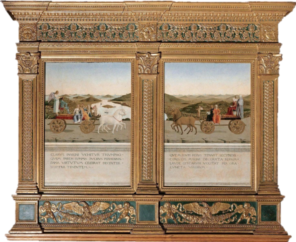 <p>Piero della Francesca Double portrait de Federico Montefeltro et Battista Sforza c. 1472 -1475 Huile sur panneau , Florence, Galerie des Offices - 1ere Ren</p>