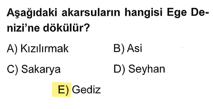 <p>Kızılırmak (Karadeniz), Asi (Akdeniz), Sakarya (Karadeniz), Seyhan (Akdeniz). Gediz ise Batı Anadolu'dan <strong>Ege Denizi</strong>'ne dökülür.</p>