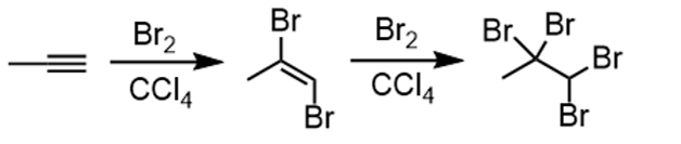 <p>1 equiv: 2 Br to each side of alkene</p><p>2 equiv/xs: 4 Br everywhere</p>