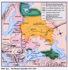 <p>1918-1920: conflict in which the Red Army successfully defended the newly formed Bolshevik government against various Russian and interventionist anti-Bolshevik armies. Red vs. White Army.</p>