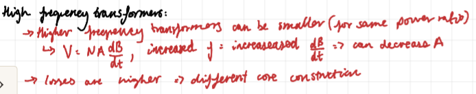 <ul><li><p>can be smaller for same power ratio</p></li><li><p>losses are higher so need different core construction</p></li></ul><p></p>