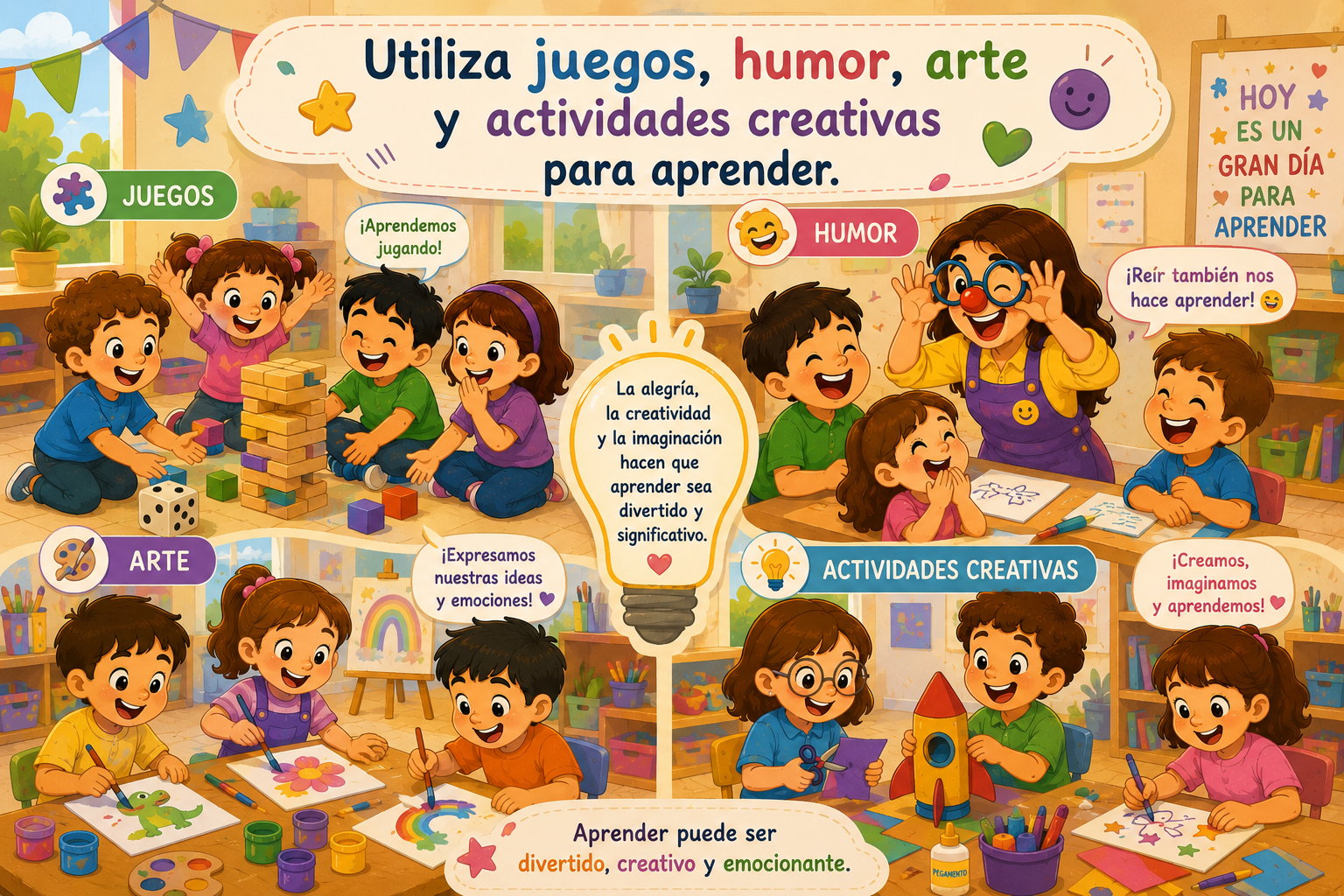<p>Utiliza juegos, humor, arte y actividades creativas para aprender.</p>