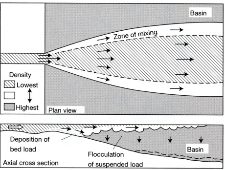 <p>water density of river < receiving basin; freshwater floats on more dense saline water and drops fine grained sediment into the basin. Most common, dips < 1 degree</p>