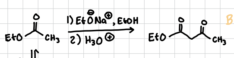 <p>A carbonyl group with an EtO, basically an aldol, but leaves as a carbonyl when done, no alkene </p><p>Reagents: 1) NaOEt, EtOH 2) H3O+</p>