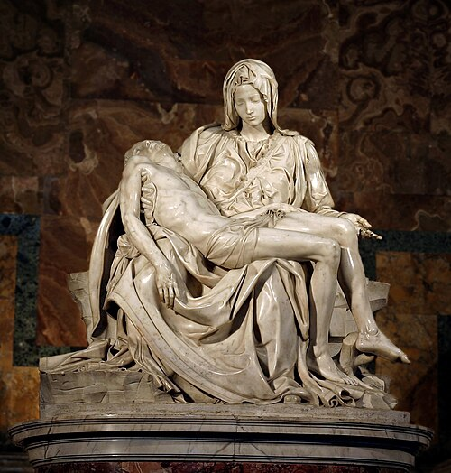 <p>1499, Marble, Michelangelo, commissioned by French ambassador, commissioned as a funerary monument, in St. Peter’s Basilica. triangular compositon, balancing youthfulness of Virgin Mary and Christ’s lifeless body, emphasizing peace and grief. smoothness of Christ’s body, ruffled clothes of Mary.</p>