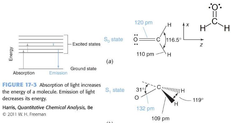 <p>geometry</p><p>S0 (ground state) - lowest energy state of the molecule, electrons occupy the lowest possible molecular orbitals, this is the molecules normal, stable state</p><p>S1 (first excited state) - a higher energy state reached after absorbing light, one electron has been promoted to a higher energy orbital, still a singlet - electron spins remain paired</p><p>slightly different shape because electron distribution changed</p>