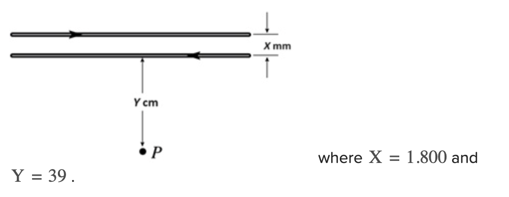 <p>Two wires each carry 10.0 A of current (<em>in opposite directions</em>) and are 1.800 mm apart. What is the magnetic field 39 cm away at point <em>P</em>, in the plane of the wires? If the net field is into the page, enter a negative value. (You may enter your calculation using scientific notation.)</p>
