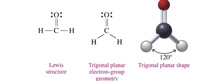 <p>trigonal planar 120</p><p>H2CO</p>