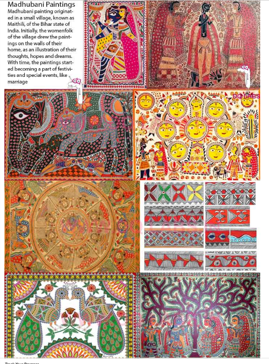 <p>Originated in Maithili, a small village in Bihar. The womensfolk drew the paintings on the walls of their home as an ilustration of their thought,s hopes, and dreams. WIth time, the paintings started becoming a part of special events, like festivals and marriage. </p>