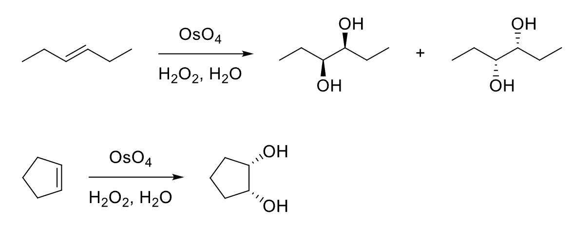 <p><strong>Syn-addition</strong></p><p>Reactant: alkene</p><p><strong>Reagents: KMnO<sub>4</sub> / NaOH (cold) or OsO<sub>4</sub> / H<sub>2</sub>O<sub>2 </sub>, H<sub>2</sub>O</strong></p><p><strong>End Goal: Add OH to both sides of double bond in the same face.</strong></p>