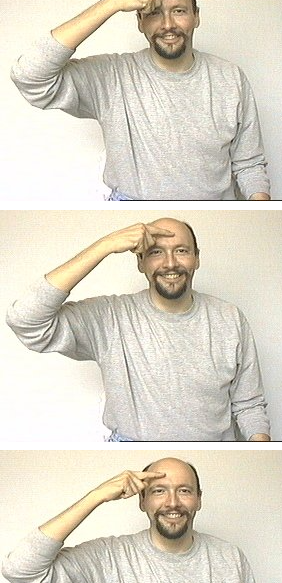 <p>dom hand makes “one” and pulls it across forehead to the right</p>