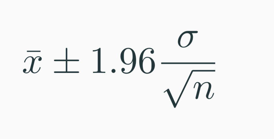 <p>An interval 1.96 standard deviations below and above the sample mean - which gives an area of 0.95 so its a 95% confidence interval</p>