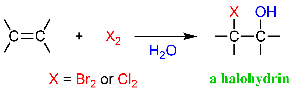<p>Markovnikov addition of OH</p><p>anti addition of Br and OH</p>