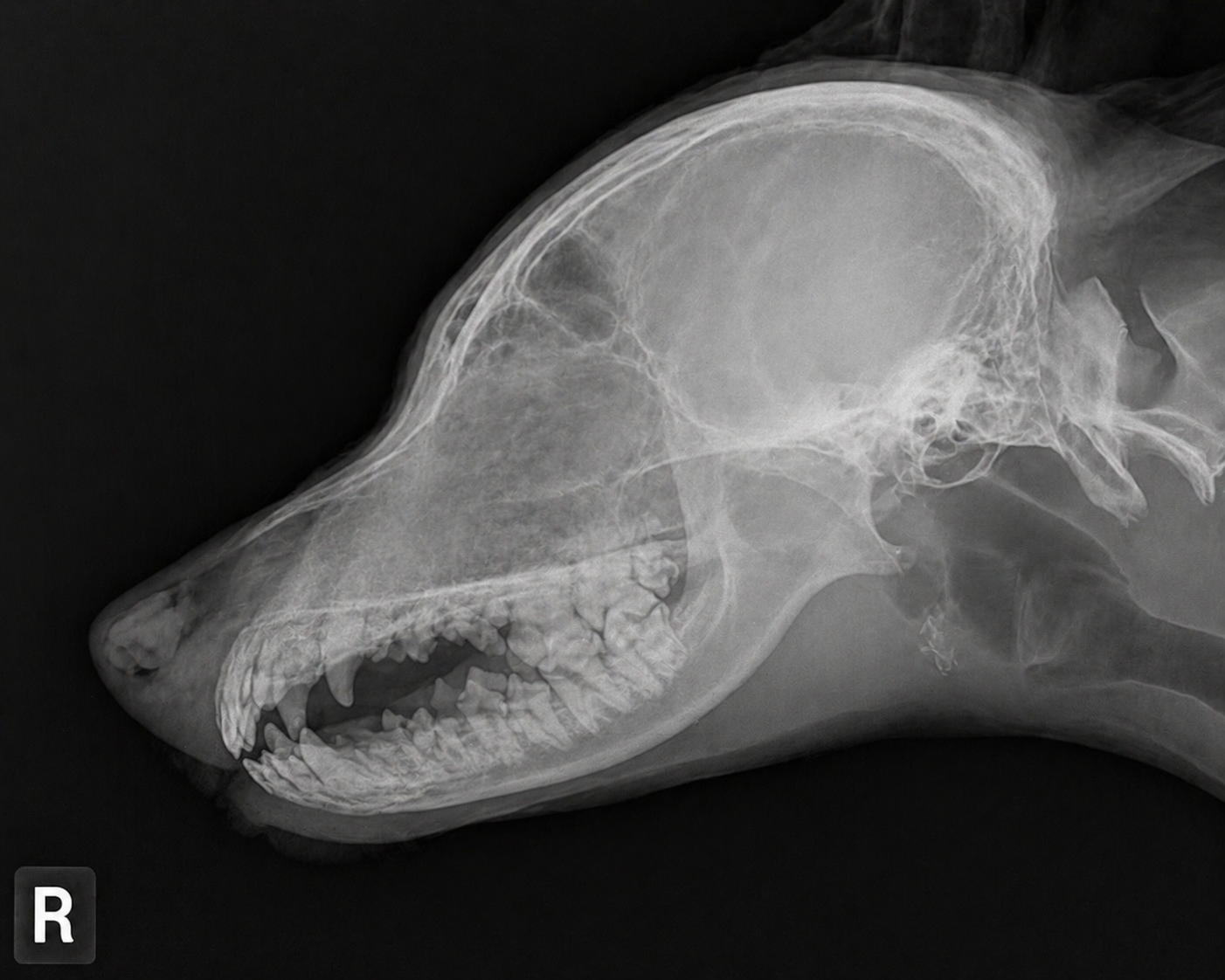 <p>Barnaby presents for evaluation of chronic nasal discharge. A lateral skull radiograph is obtained.</p><p>Projection radiography works by passing the X-ray beam through the entire patient in a straight line — every structure in the beam path attenuates the beam and contributes to the same 2D image, regardless of depth. Structures at the skin surface and structures deep within the skull both appear in the same image plane.</p><p>On reviewing the radiograph, the clinician identifies a region of mixed opacity in the nasal cavity. A student says: "There's an opacity change in the nasal region — I think I can see the mass."</p><p>The supervising clinician asks: "Based on how projection imaging works, what exactly can you determine from this single lateral view — and what would you need to confirm your suspicion?"</p><p>Right lateral canine skull radiograph - Barnaby</p><p></p><p></p><p></p><p><strong>Which statement best explains what this single lateral projection can and cannot determine about the nasal cavity finding — and what additional imaging would most directly address the limitation?</strong></p><p>a. The lateral projection can confirm the presence, precise lateral location, and depth of any nasal mass — additional imaging is only needed to characterize tissue type, which requires MRI.</p><p>b. The lateral projection is non-diagnostic for nasal evaluation because superimposition makes all nasal findings invisible — the nasal cavity can only be imaged with CT, and additional radiographic projections would not add useful information.</p><p>c. The lateral projection determines both the presence and the side of the lesion, since left-sided lesions appear to the left of the midline and right-sided lesions appear to the right of the midline on the radiograph.</p><p>d. The lateral projection can detect that an opacity change is present in the nasal region but cannot determine its precise location within the nasal cavity, laterality, or depth — a VD or open-mouth projection, or CT, would be needed to separate superimposed structures and localize the finding.</p>