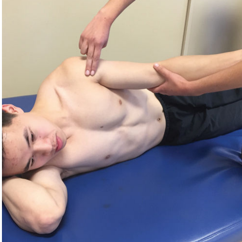 <p>sidelying, arm along body (neutrally lol). can use other arm to support head. support arm under elbow (IF NEEDED)</p><p>“try to move your arm so your hand is at the level of your shoulder”</p>