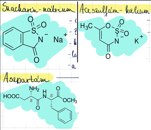 <p>szacharin-nátrium <br>aceszulfám-kálium <br>aszpartám</p>