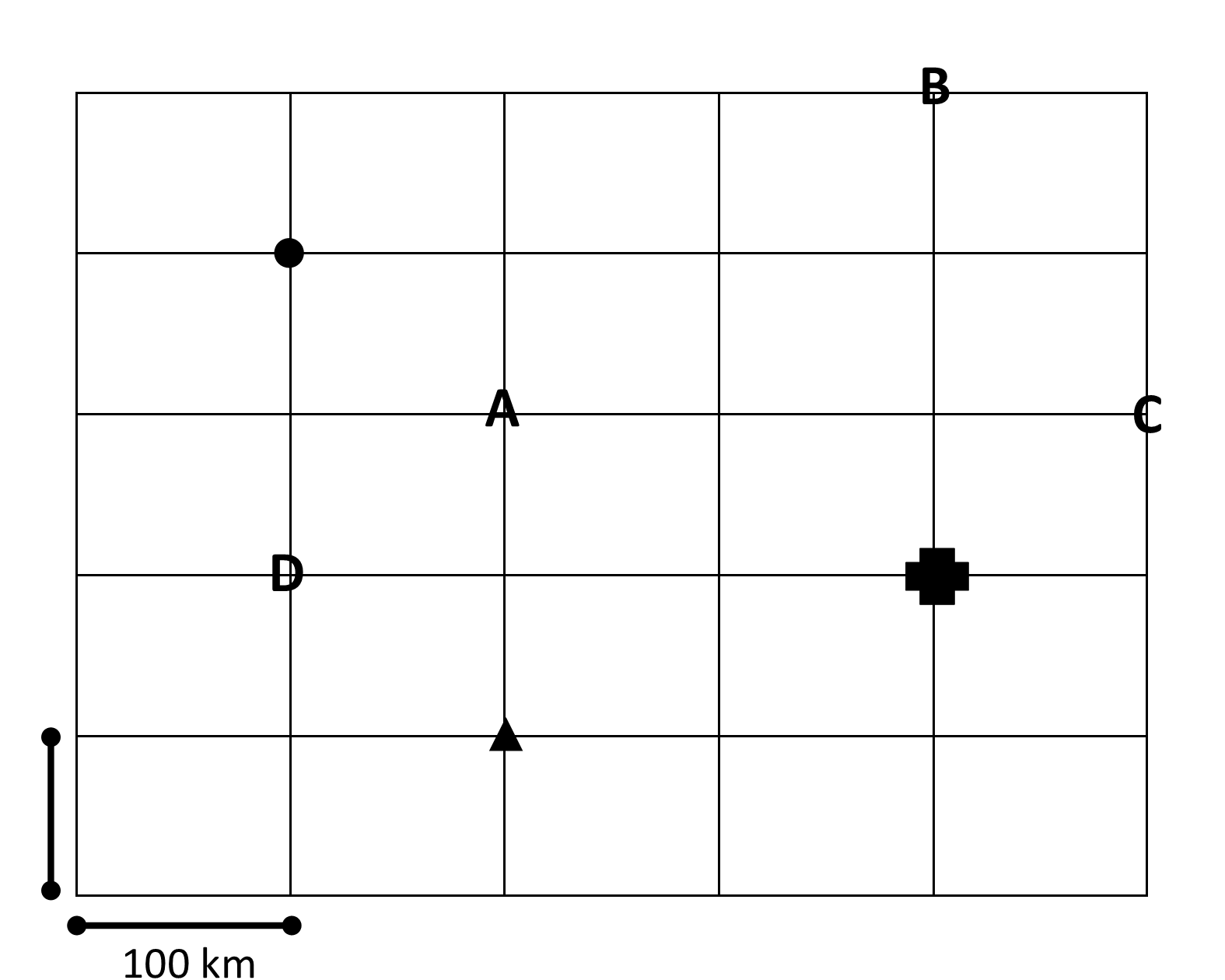 <p>The circle, triangle, and cross represent three seismographs that measured a seismic event nearby. Through some calculations, the distances between the epicenter and each of these seismographs were determined. Where was the epicenter of the event located?&nbsp;</p><p>Each square is 100 km by 100 km.</p><p>Distances from seismographs to epicenter:&nbsp;</p><ul><li><p>circle: 141.4 km</p></li><li><p>triangle: 200 km</p></li><li><p>cross: 223.6 km</p></li></ul><p></p>