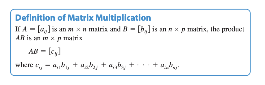 <p>If A=[a<sub>xy</sub>] is an <strong><em><mark data-color="yellow" style="background-color: yellow; color: inherit;">MxN</mark></em></strong> matrix and B=[b<sub>xy</sub>] is an <strong><em><mark data-color="yellow" style="background-color: yellow; color: inherit;">NxP </mark></em></strong>matrix</p><p></p><p><strong><em><u><mark data-color="yellow" style="background-color: yellow; color: inherit;">The product of AB is a </mark></u></em></strong><span style="color: red;"><strong><em><u><mark data-color="yellow" style="background-color: yellow; color: inherit;">MxP_</mark></u></em></strong></span><strong><em><u><mark data-color="yellow" style="background-color: yellow; color: inherit;"> matrix</mark></u></em></strong></p><p></p><p><strong><em><u><mark data-color="green" style="background-color: green; color: inherit;">AB=[C<sub>xy</sub>]. </mark></u></em></strong></p><p></p><p><strong><em><u><mark data-color="green" style="background-color: green; color: inherit;">where c<sub>xy</sub>=a<sub>x1</sub>b<sub>1y</sub>+a<sub>x2</sub>b<sub>2y</sub>+a<sub>x3</sub>b<sub>3y+……….. </sub>a<sub>xn</sub>b<sub>ny</sub></mark></u></em></strong></p><p></p><p>The definition of matrix multiplication indicates a <strong><em>row-by-column multiplication,</em></strong> where the entry in the<strong><em><u> xth row and yth column</u></em></strong> of the product <strong><em><u><mark data-color="yellow" style="background-color: yellow; color: inherit;">AB</mark></u></em></strong> is obtained by<strong><em><u> <mark data-color="#fdff4d" style="background-color: rgb(253, 255, 77); color: inherit;">multiplying the entries in the x th row of A by the corresponding entries in the yth column of B and then adding the results. </mark></u></em></strong></p>