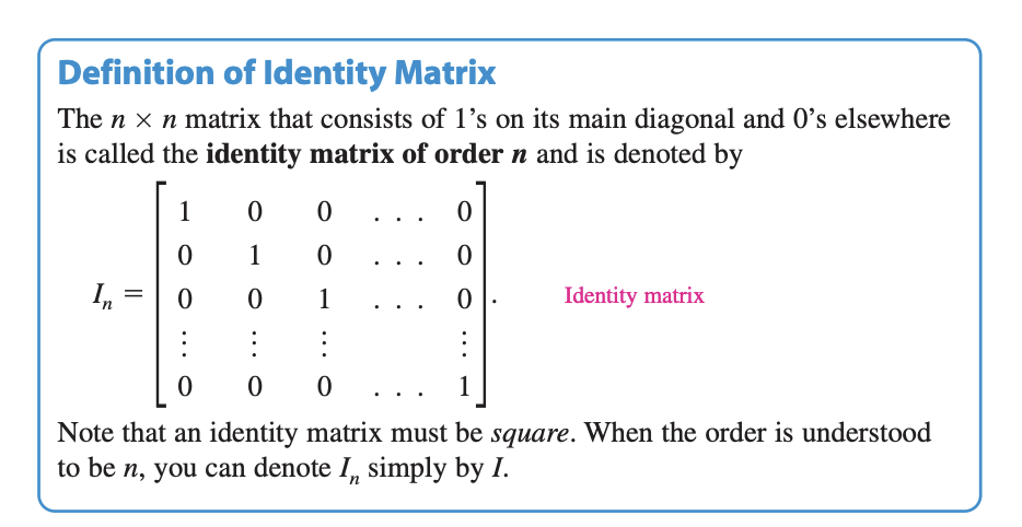 <ul><li><p>The identity Matrix is the <strong>Reduced- Row Echelon Form of a Coefficient Matrix</strong>. for 3×3 it is [1 0 0, 0 1 0, 0 0 1]</p></li><li><p>It is a square matrix (nxn)</p></li></ul><p></p><p><strong><em><u><mark data-color="#fdff4d" style="background-color: rgb(253, 255, 77); color: inherit;">How it is used in inverses  </mark></u></em></strong></p><p>For inverses it is used as the check to see if it is the inverse </p><p></p><p><span>acting as the multiplicative identity (). It acts like the number "1" in scalar multiplication. Inverses are defined by , where </span><strong><mark data-color="rgba(0, 0, 0, 0)" style="background-color: rgba(0, 0, 0, 0); color: inherit;">multiplying a matrix by its inverse yields the identity matr</mark></strong></p>