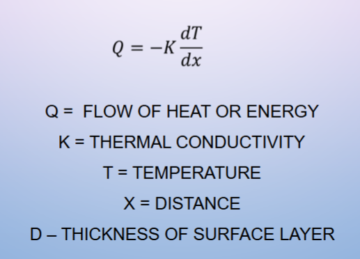 <p>Rate of heat transfer between water and blood is proportional to</p><ul><li><p>Temperature gradient</p></li><li><p>Surface area</p></li><li><p>Ability of material to transfer heat</p></li></ul><p></p><p>Q = -KD (dT)/(dx)</p><p></p>