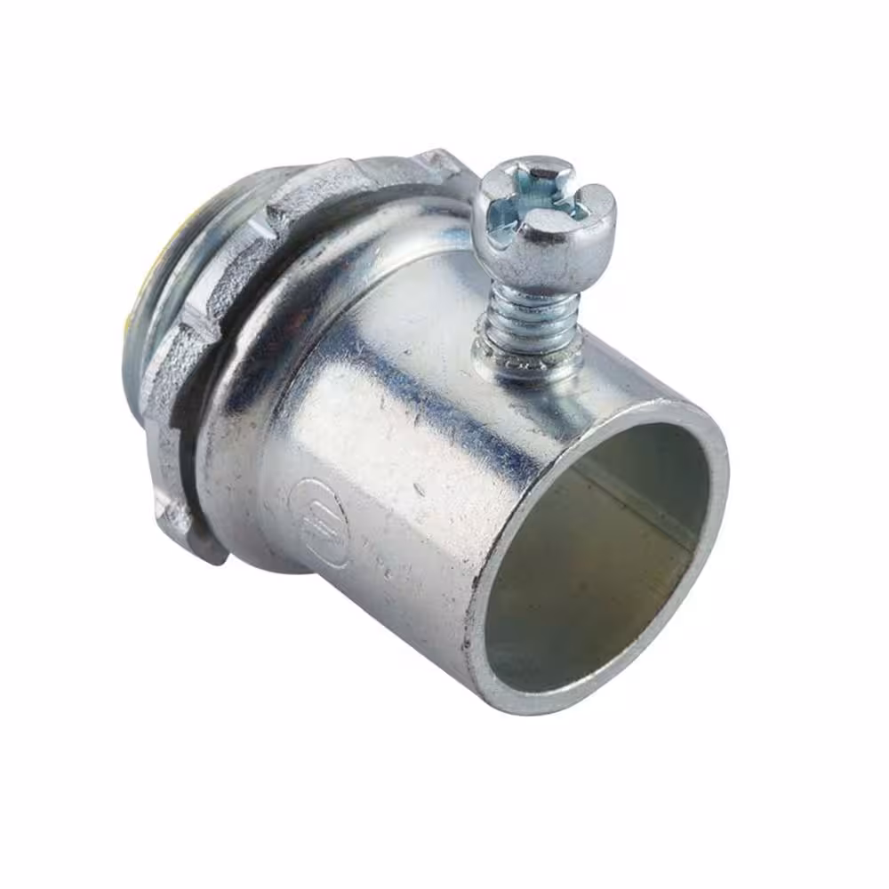 <p>Small cylindrical metal fitting with a threaded or set-screw end and locknut, used to join EMT conduit to electrical boxes or panels.</p>