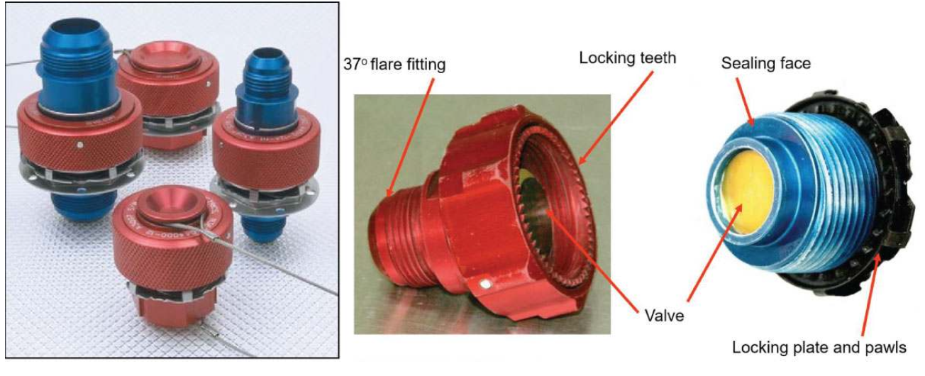 <p>Used on GSE for fuel, hydraulic and water/waste servicing. One-hand connect/disconnect with a built-in shutoff valve for no-spill operation. Attach via quarter-turn thread or sliding collar snap-lock.</p>